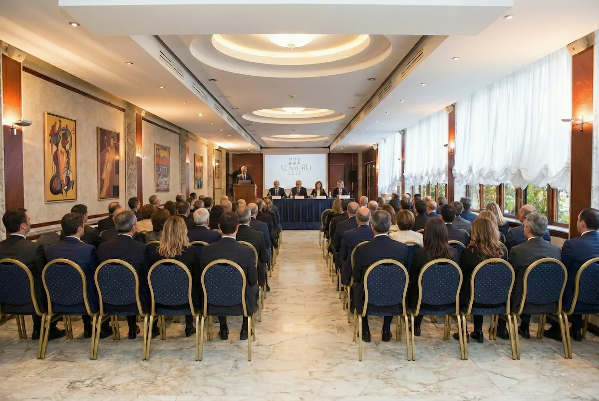 Salone delle Feste Hotel Ala D'Oro Lugo allestimento a platea per meeting e congressi fino a 150 persone